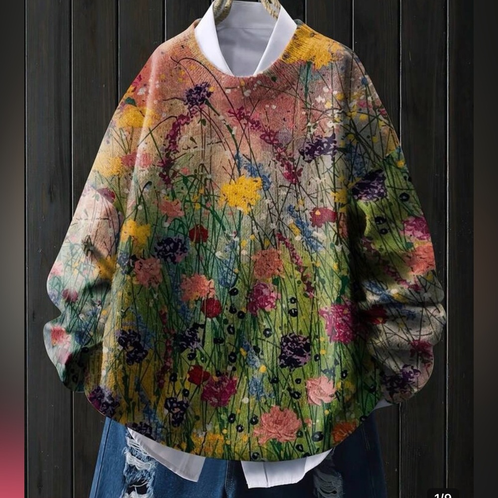 Wildflower sweater floral flowers top shirt knit crew printed graphic S 4 6 NEW
